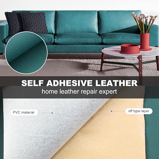 Leather Repair Patch Green 17.3 x 117 Inch Self Adhesive Leather Repair Kit for Couch Car Seat Furniture Sofa Chair, Faux Leather Fabric Roll Leather Furniture Repair Kit
