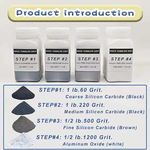 3 LB Rock Tumbler Grit and Polish Refill Kit, 4-Step Tumbling Media Coarse/Medium/Pre-Polished/Final Polish, Silicon Carbide Grit, Ideal for Any Rock Tumbler & Stone Polisher (3 LB)