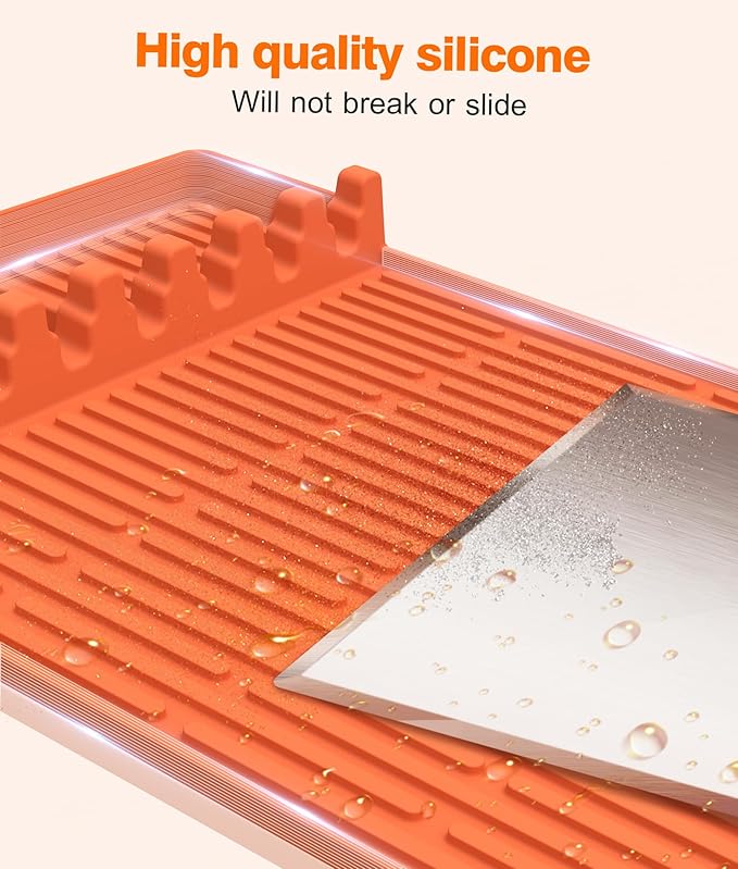 Silicone Grill Mat Compatible with Blackstone, BBQ Griddle Tools Mat with Drip Pad, Large Spatula Holder for Outdoor Kitchen Counter, Gifts for Men (Orange)