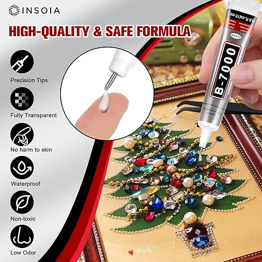 12 PCS 15ml B7000 Rhinestone Glue Clear – Super Glues for Bedazzling with Precision Tip, Quick Dry No Trace Flexible Adhesive for Jewelry Making, Nail Art, Fabric, Shoe, DIY Craft & Phone Repair