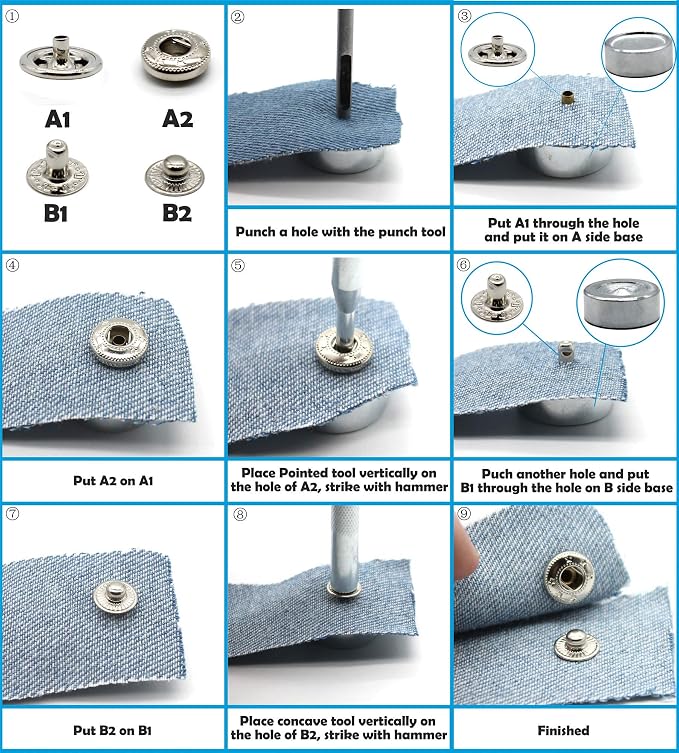 Raydodo 12 Set Leather Snap Fasteners Kit, 15mm Metal Snap Buttons Kit Press Studs with 4 Install Tools, Rivets and Snaps for Clothing, Jeans, Jackets, Bracelets, Bags (Silver)