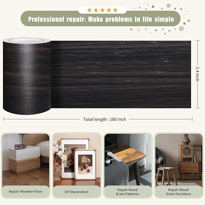 Besezx Wood Grain Repair Tape, 2.4" X15', Self Adhesive Wood Grain Repair Patch for Tables, Chairs, DIY,Baseboards, Doors, Windows, Floors and Furniture Renovation.（Black Brown）