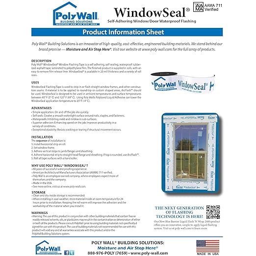 POLYGUARD WindowSeal Window and Door Flashing Tape, 6 in x 100 ft Roll, 20 mil Thick, Self-Sealing & Self-Adhering Waterproof Barrier