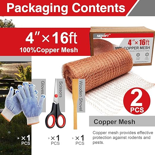 2Pcs 4 Inch×16 ft Copper Mesh Rodent Control Kit, 100% Pure Copper Rustproof Gap Filler & Hole Blocking for Garden, Home Repair, Sealing Pipe Openings with Scissors, Gloves, Trowel