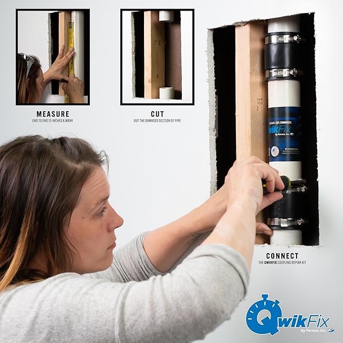 Fernco QwikFix Broken Pipe 1.5" Coupling Repair Kit for Plastic, Cast Iron and Steel Pipes in Black