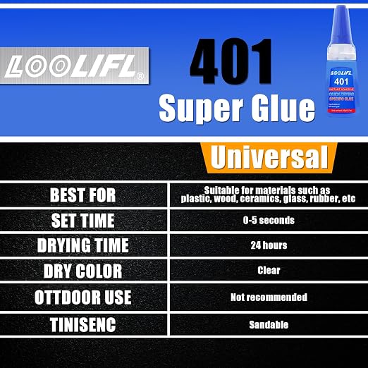 20ml Super Glue Dries Instantly, LOOLIFL High Viscosity 401 Strong Instant Adhesive Bond Transparent All-Purpose Universal for Plastic Wood Metal Rubber Leather Manicure DIY Crafts (401-2pcs)