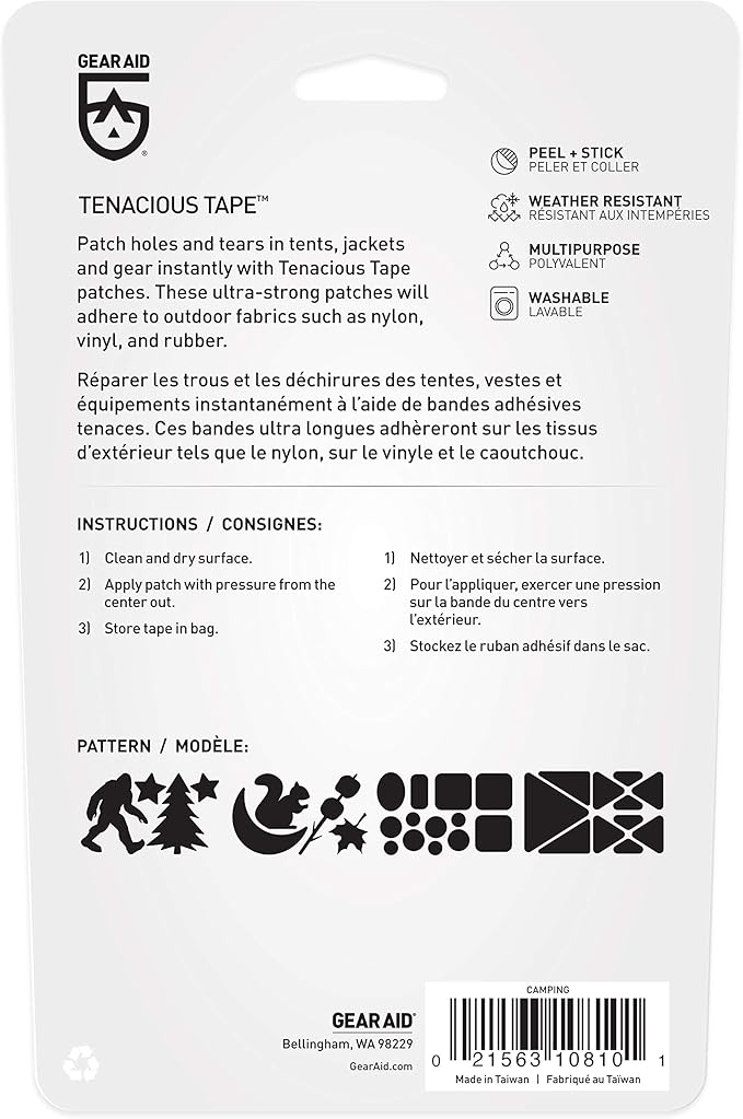 GEAR AID Tenacious Tape Repair Patches – Peel-and-Stick Nylon Gear Patches for Jackets, Tents, Sleeping Bags, Backpacks, and Outdoor Gear – Fix Rips, Tears, and Holes, Camping, 3”x20”