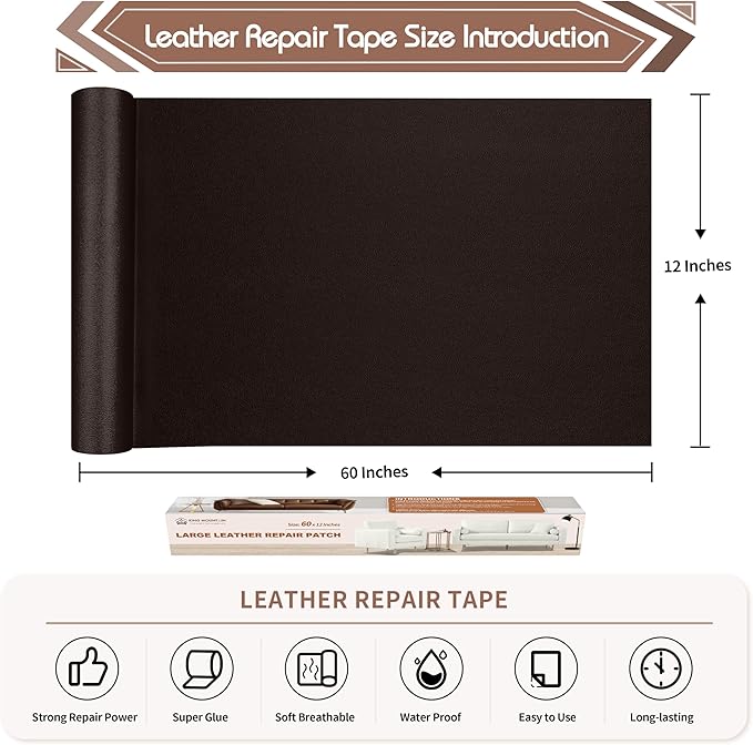 KING MOUNTAIN Leather Repair Patch, 12 x 60 Inches Self-Adhesive Repair Tape for Damaged Furniture, Sofa Seating, Car Seats, Goods (Fine Grained Dark Brown)