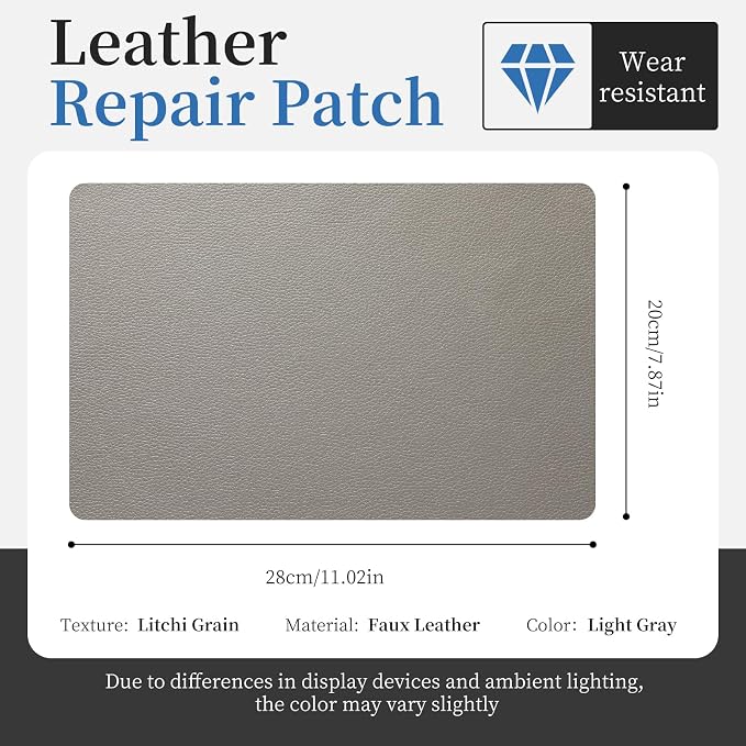 Fadoub Leather Repair Patch Tape Self-Adhesive, 8x11In Heavy Duty Vinyl Patch, Leather Repair Kit for Furniture, Sofa, Couch, Office Chair, Car Seat, Car Interior(Light Gray)