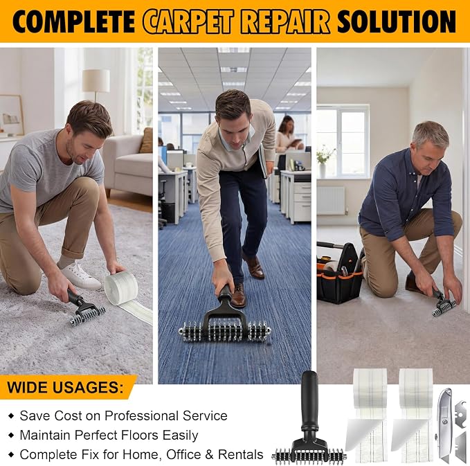 Dreyoo Upgraded Carpet Repair Kit with 5" Star Wheel Seam Roller, 4" x 60ft Carpet Seam Tape & Heavy Duty PVC Pipe Cutter, Heatless Carpets Patching Tools for DIY Home/Office Floor Maintenance