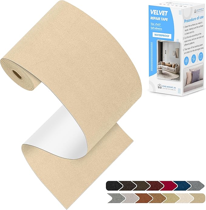 KING MOUNTAIN Couch Fabric Repair Patch, Fabric Patches for Furniture, 4" x 63" Waterproof Velvet Repair Tape for Sofas, Car Seats, Furniture, Upholstery Fabrics and Velvet Goods. （Beige）