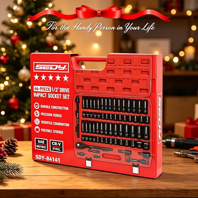 66-Piece 1/2" Drive Impact Socket Set, SAE 3/8" to 1-1/4" and Metric 10-24mm, Deep & Standard 6-Point Cr-V Sockets with Ratchet, Extension Bars, Adapters, Universal Joint, Drill Adapter, Storage Case