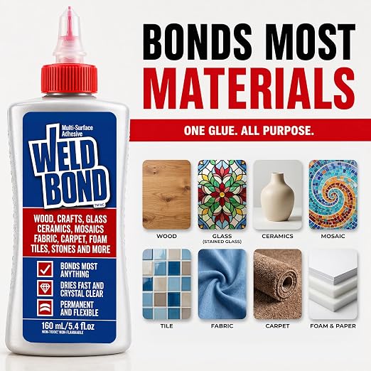 Weldbond Multi-Surface Strong Glue – Fast Drying Glue for Wood, Tile, Ceramic, Pottery, Glass, Metal & More – Heavy Duty Adhesive for Mosaic, Crafts, Wood Working & Repairs – 5.4oz (160ml), 12 Pack