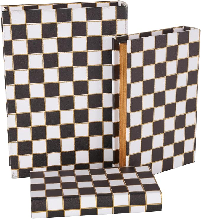 Deco 79 Faux Leather Decorative Box Faux Book Storage Book Shaped Boxes with Black and Gold Square Patterns, Set of 3 Decorative Keepsake Boxes 13", 11", 9"H, White
