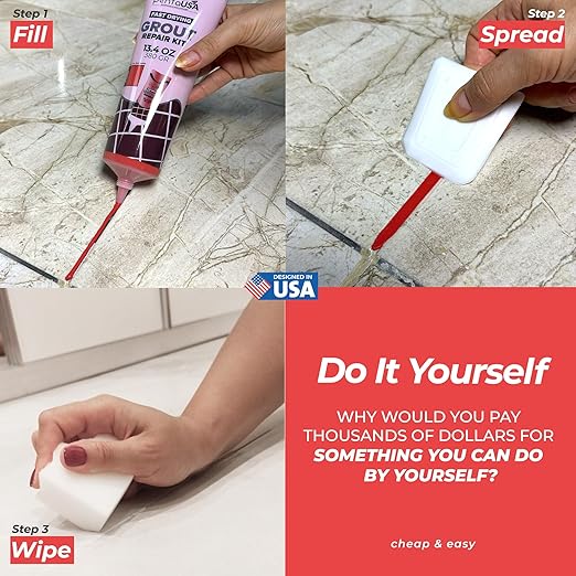 PentaUSA Tile Grout Repair Kit - Red Premixed Acrylic Sanded Grout, Water-Resistant Grout Filler for Bathroom&Shower, Kitchen Floor, Fast Drying, with Applicator, 13.4 oz (380g)
