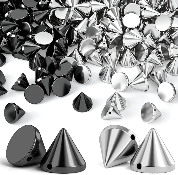 OIIKI 100 PCS 8mm ABS Bullet Spike Cone Studs, Black, Silver | Rivets Cone Spike Studs Beads, Flat Back Punk Spikes DIY Crafts Studs Glue on Decoration for Leather Clothes Belt Bags