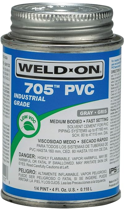 Weld-On 10101 705 Industrial Grade PVC Medium-Bodied High Strength Solvent Cement - Fast-Setting and Low-VOC, Gray, 1/4 Pint (4 fl oz)