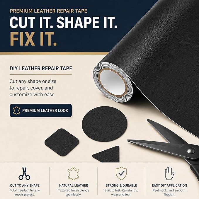 CHEIGHY Leather Repair Kit for Furniture - Advanced PU, Strong Self Adhesive Leather Repair Patch for Couch 3.9X79 inch Vinyl Repair Tape for Car Seat Upholstery Sofa Office Chair (Black)