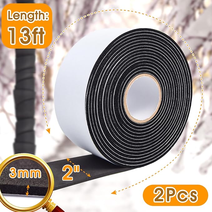 2 Inch*13Ft Pipe Insulation Tape 2 Pack, Weather Resistant Water Wrap Tape | Outdoor Water Pipe Insulation Wrap, Foam Pipe Wrap Insulation for Water Pipes (Black)