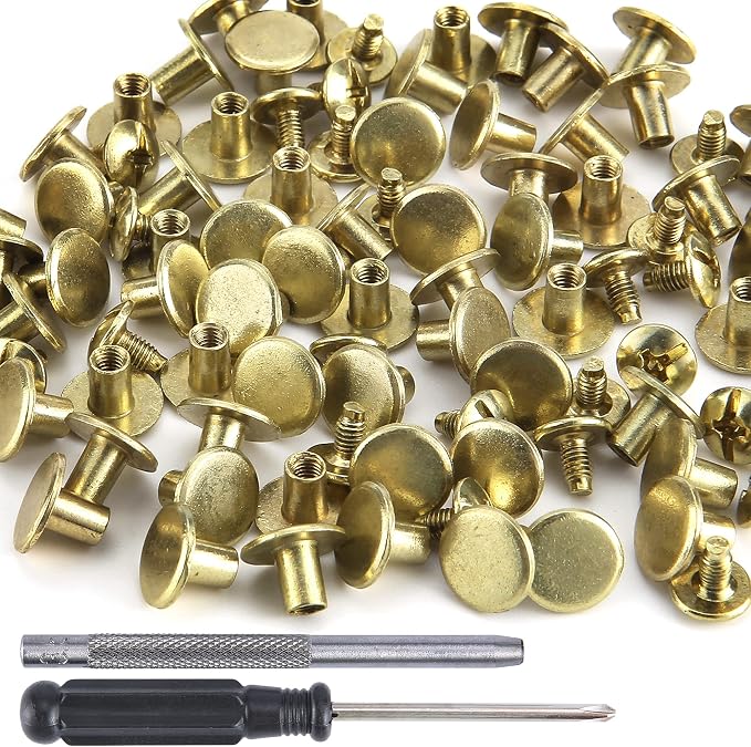 YORANYO 100 Sets Gold Round Flat Head Chicago Screws - Rivets Kit for Leather Crafting, Clothing, Shoes, Belts & Bags - 25/64 Inch