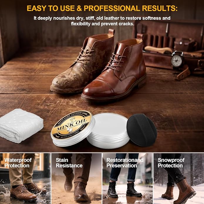 4-in-1Mink Oil Leather Conditioner and Cleaner, 3.52 oz Premium Waterproof Paste for Boots and Shoes, Leather Care Kit With Horsehair Brush, Sponge & Microfiber Cloth, Restore for Jackets Saddles Bags