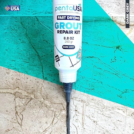 PentaUSA Tile Grout Repair Kit - Premixed Acrylic Sanded Grout for Bathroom, Shower & Kitchen, Water-Resistant Tube with Applicator, Fills Cracks and Gaps in Lines, Dark Gray (8.8oz/250gr)