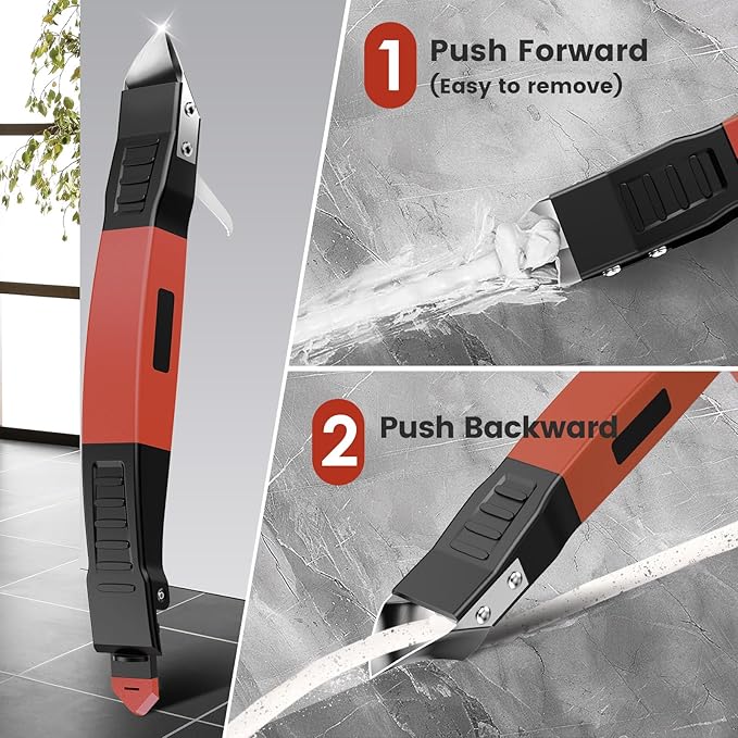 6 in 1 Silicone Caulking Tool Kit with Caulk Grout Remover Tool Sealant Finishing & Smoothing Tool, Grout Scraper, 6 Reusable Pads and Adhesive Residue Scraper for Kitchen Bathroom Tile Sink (Red)