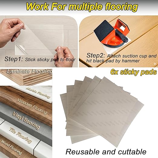 Floor Gap Fixer Tool, with Dual Heavy Duty 45°Striking Surface, Enhanced Suction Cup, 6X Sticky Pads, Rubber Mallet, Hook Tool, Works for Laminate, Vinyl, LVP, Wooden, Hardwood, Floor
