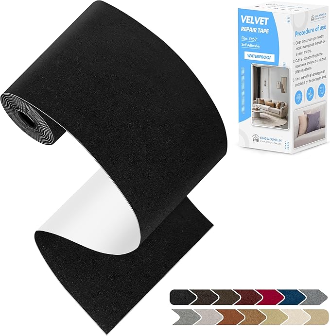 KING MOUNTAIN Couch Fabric Repair Patch, Fabric Patches for Furniture, 4" x 63" Waterproof Velvet Repair Tape for Sofas, Car Seats, Furniture, Upholstery Fabrics and Velvet Goods. （Black）