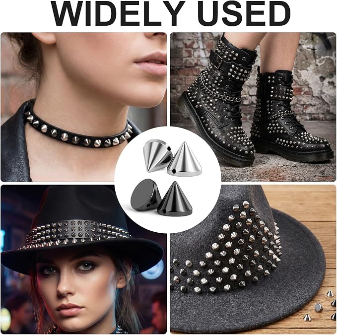 OIIKI 100 PCS 8mm ABS Bullet Spike Cone Studs, Black, Silver | Rivets Cone Spike Studs Beads, Flat Back Punk Spikes DIY Crafts Studs Glue on Decoration for Leather Clothes Belt Bags