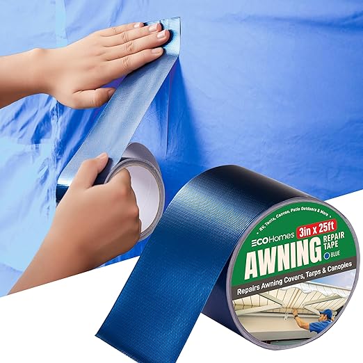 Awning Covers & Tarp Repair Tape - Waterproof Self Adhesive Patch Repair Kit | Patch Tapes for Awnings, Outdoor Canopies, Patio Awnings, Gazebos, Tents, RV, Canvas, Boat Covers (Blue, 3 Inch X 25 Ft)
