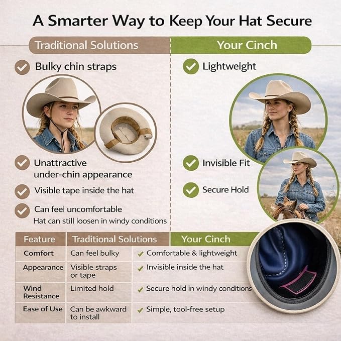 Cowboy Hat Retainer, Silicone Hat Size Reducer Rodeo | hard sweatband fit, leather band compatibility, hidden interior grip, wind control, felt and straw styles, rider accessory
