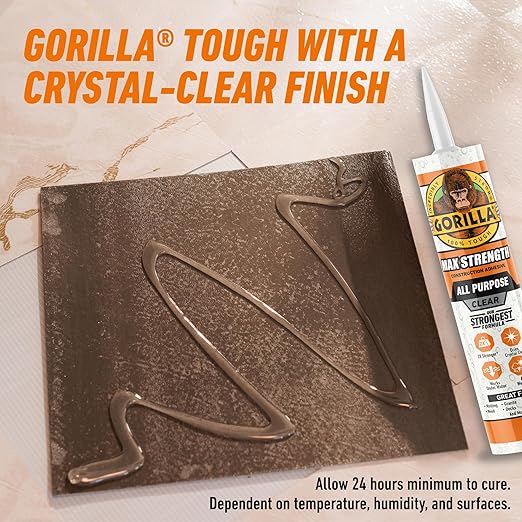 Gorilla Max Strength Construction Adhesive, Clear Glue, 9 Ounce Cartridge (Pack of 2) - Gap Filling and Waterproof