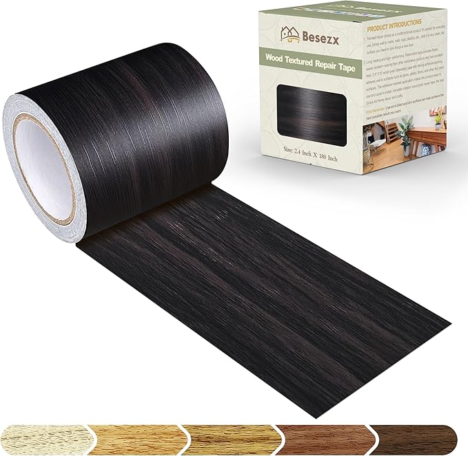 Besezx Wood Grain Repair Tape, 2.4" X15', Self Adhesive Wood Grain Repair Patch for Tables, Chairs, DIY,Baseboards, Doors, Windows, Floors and Furniture Renovation.（Black Brown）