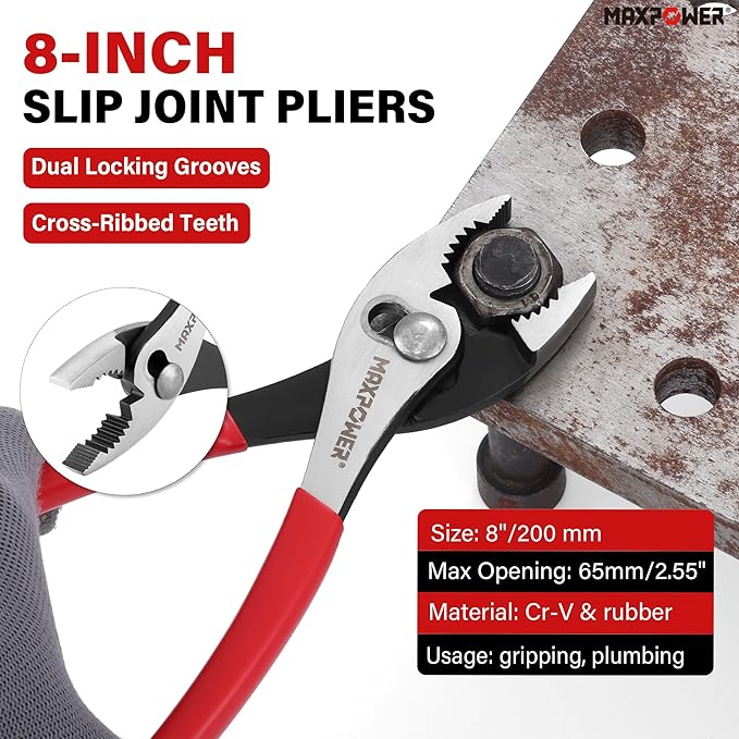 MAXPOWER 3-Piece Pliers Set, 10" Water Pump Pliers, 8" Slip Joint Plier, 8" Long Needle Nose, Adjustable Grip Tools for Repair, Home, and Workshop Use