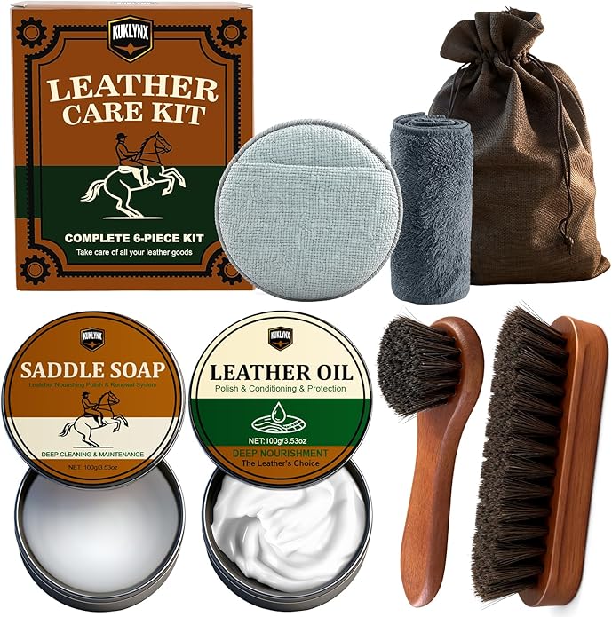 Leather Care Kit – Includes 3.52oz Saddle Soap, 3.52oz Leather Oil, 2 Horsehair Brushes, Cloth & Sponge – Complete Leather Cleaning, Polishing & Conditioning Set – Perfect Gift for Men & Women