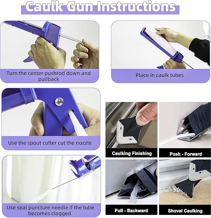 Caulk Gun Kit and grouting removal scraper, sealant tool, cement slurry scraper for kitchen and bathroom sink joints, 10 ounce deep blue tube