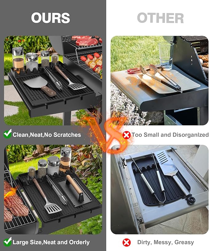 Silicone Grill Mat Compatible with Blackstone, BBQ Griddle Tools Mat with Drip Pad, Large Spatula Holder for Outdoor Kitchen Counter, Gifts for Men (Black)