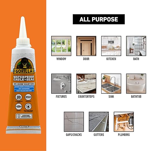 Gorilla 100% Silicone Caulk, Waterproof Sealant, 2.8oz Squeeze Tube (Pack of 1) – White -10 Year Mold Resistant Kitchen, Window, Bath, Marine, Door and More
