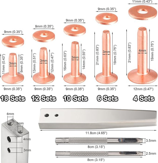 Notgia 50Sets Copper Rivets Assorted Leather Rivet Kit for Leather Working Brass Rivets with Solid Rivet Tool Setter for Repair and Decorate Belts Handbags Wallets Collars Shoes Clothing Bracelets