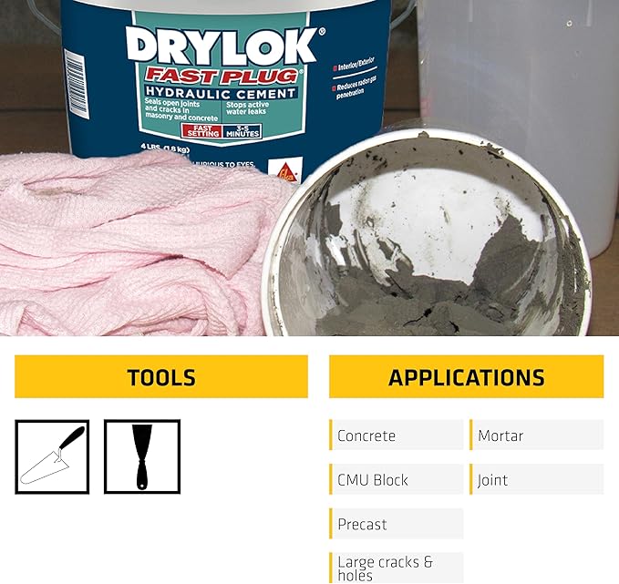UGL DRYLOK Fast Plug Hydraulic Cement, 4 lb – Stops Water Leaks Instantly, Sets in 3-5 Minutes, Ideal for Masonry Cracks, Gray