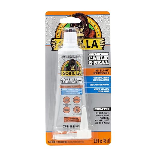Gorilla 100% Silicone Caulk, Waterproof Sealant, 2.8oz Squeeze Tube (Pack of 2) – Clear -10 Year Mold Resistant Kitchen, Window, Bath, Marine, Door and More