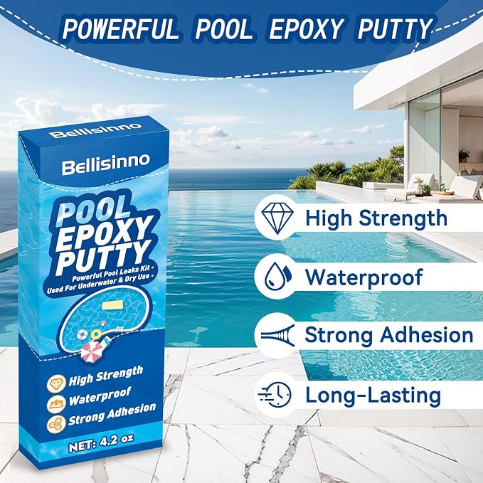 Pool Epoxy Putty, 4.2 oz. Pool Putty, Underwater or Above Fast Repair, Fix Leaks, Cracks, Filling, Sculpting, 2 Part Epoxy Putty for Tile, Concrete, Fiberglass, Cement and Other Surfaces (White)