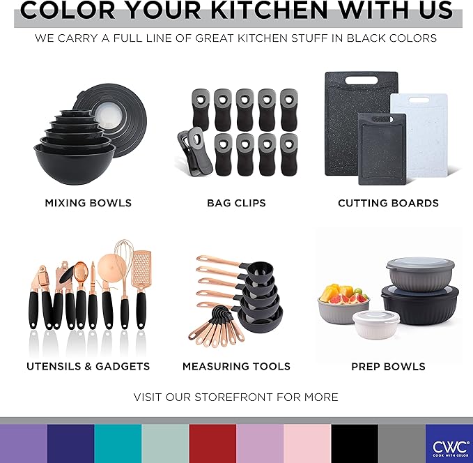 COOK WITH COLOR Mixing Bowls with Lids - 12 Piece Plastic Nesting Bowls Set includes 6 Prep Bowls and 6 Lids, Microwave Safe Mixing Bowl Set, Black Rhombus