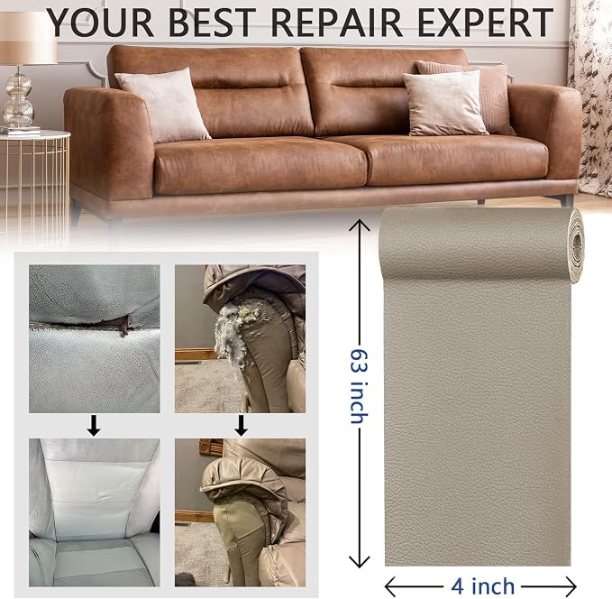 YAFLC Leather Repair Patch for Furniture, 4" x 63" Self Adhesive Leather Repair Kit Vinyl Repair Tape for Car Seat Sofa Jackets Couches Chair Khaki