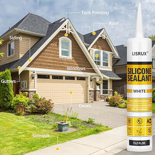 LISRUX Advanced Silicone Caulk for Window & Door, White, 15.2 fl oz Cartridge, 12 Pack - 100% Waterproof Silicone Sealant Indoor Outdoor Caulking, UV Resistant, Stronger Adhesion, Shrink & Crack Proof