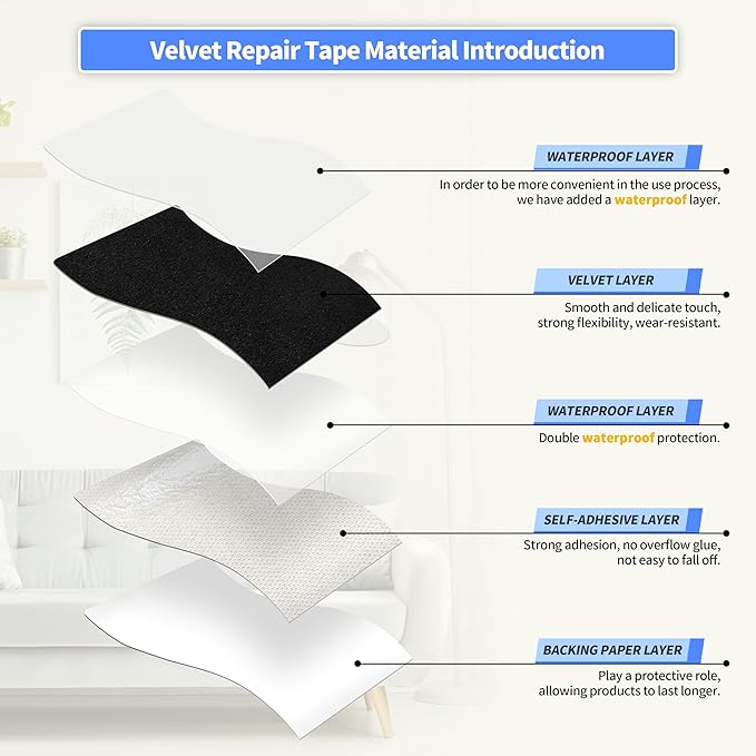 KING MOUNTAIN Couch Fabric Repair Patch, Fabric Patches for Furniture, 16" x 80" Waterproof Velvet Repair Tape for Sofas, Car Seats, Furniture, Upholstery Fabrics and Velvet Goods. （Black）