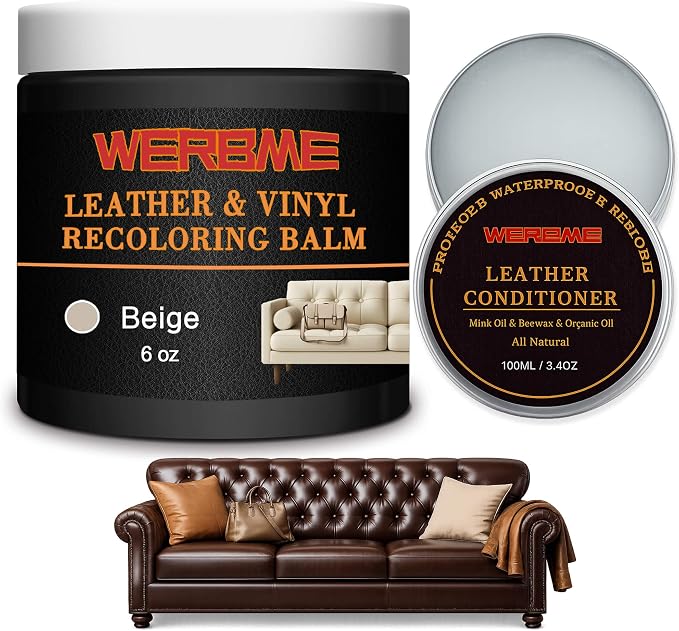 Leather Recoloring Balm & Mink Oil Leather Conditioner, Beige | Restores faded leather, waterproof, scratch repair for couches, car seats, shoes & bags, Complete kit with mink oil & tools