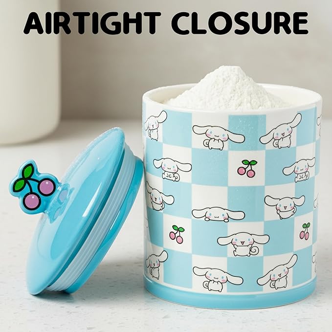 Silver Buffalo Sanrio Hello Kitty and Friends Cinnamoroll Cherries Blue Checkered Ceramic Cookie Snack Jar (Large)