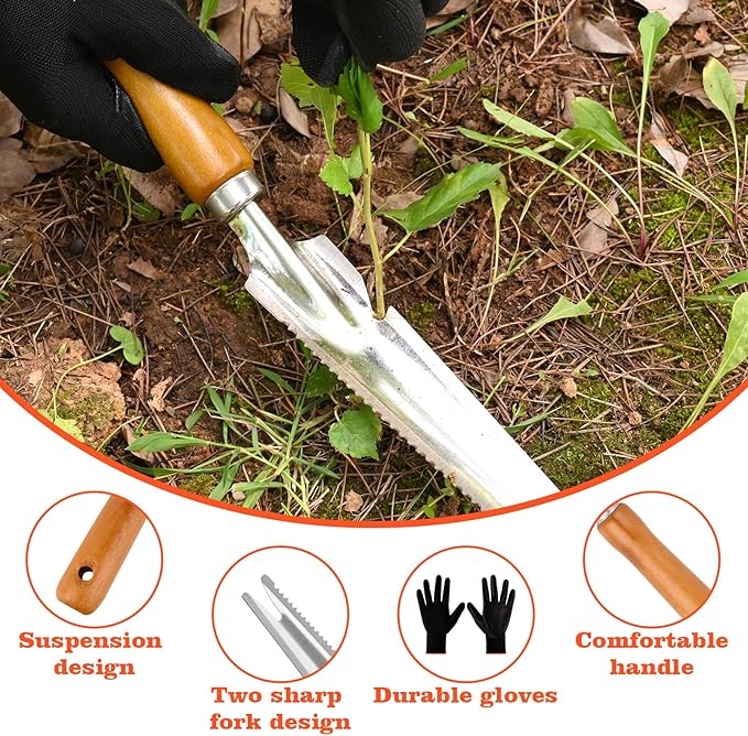 BokingOne 5-in-1 Stainless Steel Hand Weeder Puller Tool & Dandelion Fork Knife - Hand Weed Removal Tool for Weeding, Planting, Transplanting, Soil Cultivating & Flower Care（13.8-inches